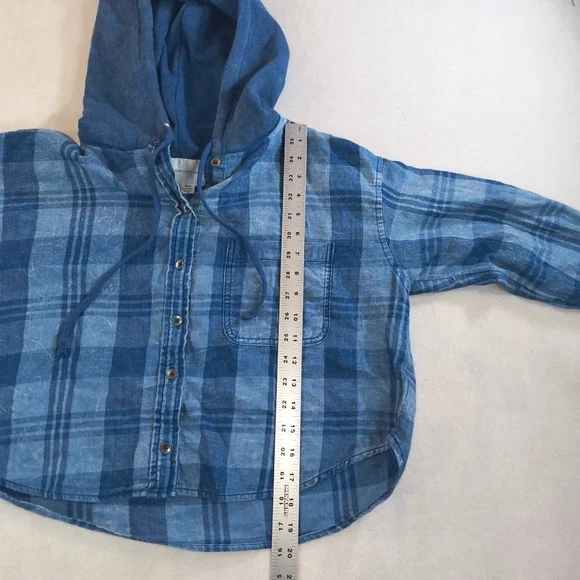American Eagle Hooded Plaid Flannel Shirt SP Blue Button Up Hoodie Top - Picture 12 of 16
